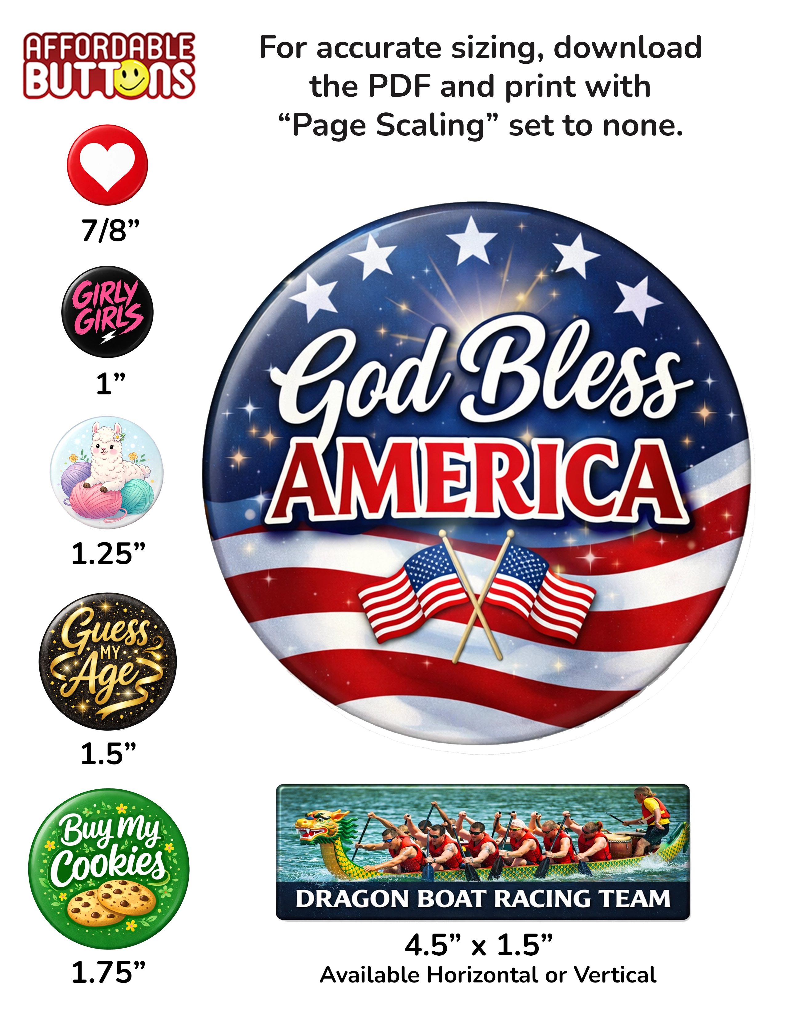 Button Size Guide Page 1 - Round buttons 7/8 inch through 1.75 inch, 6 inch round, and 4.5x1.5 inch rectangle