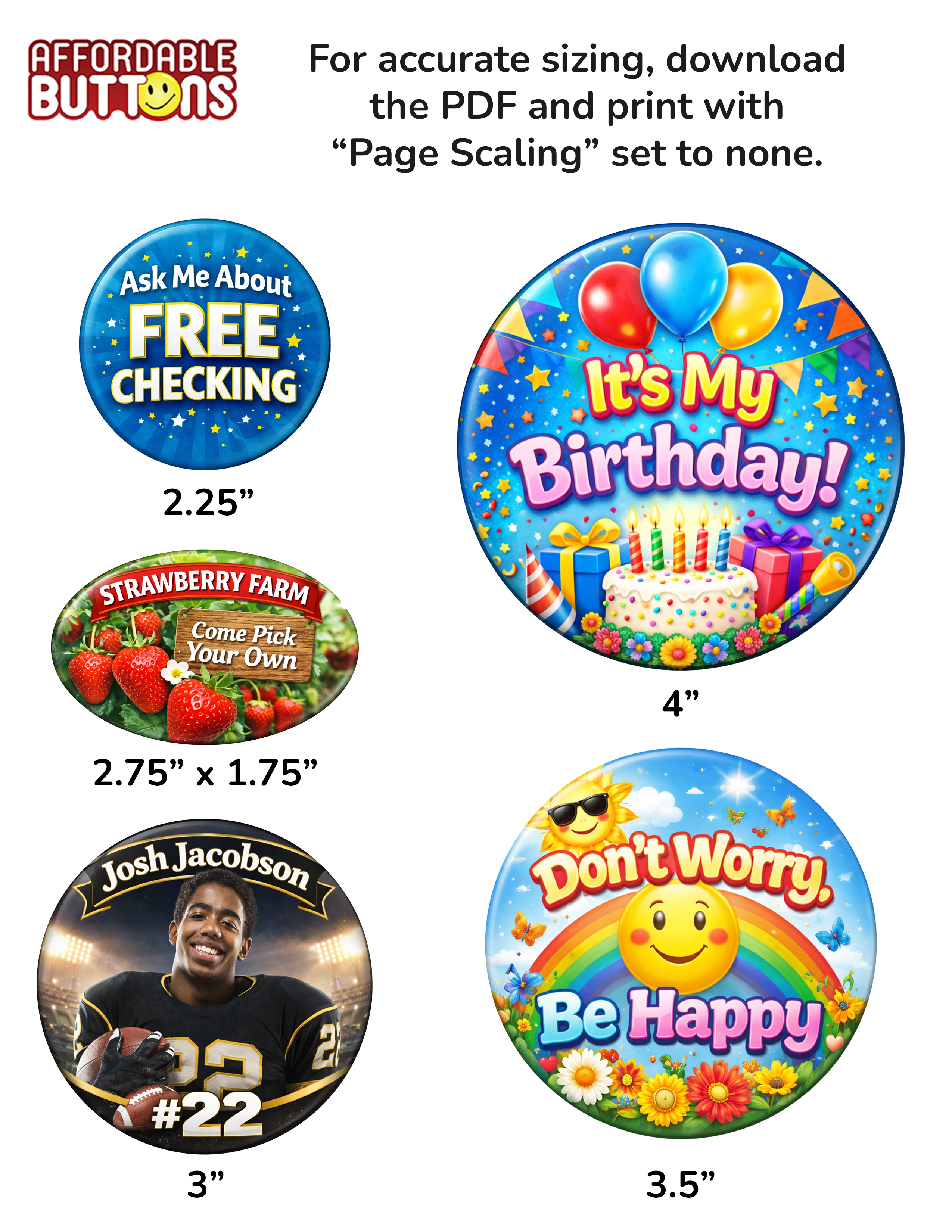 Button Size Guide Page 2 - Round buttons 2.25 inch through 4 inch, plus 2.75 inch oval