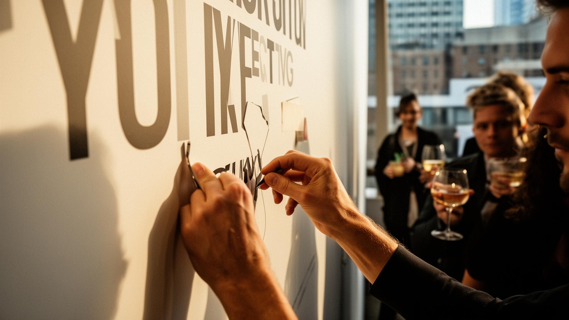 Hands installing large vinyl event signage at a launch party