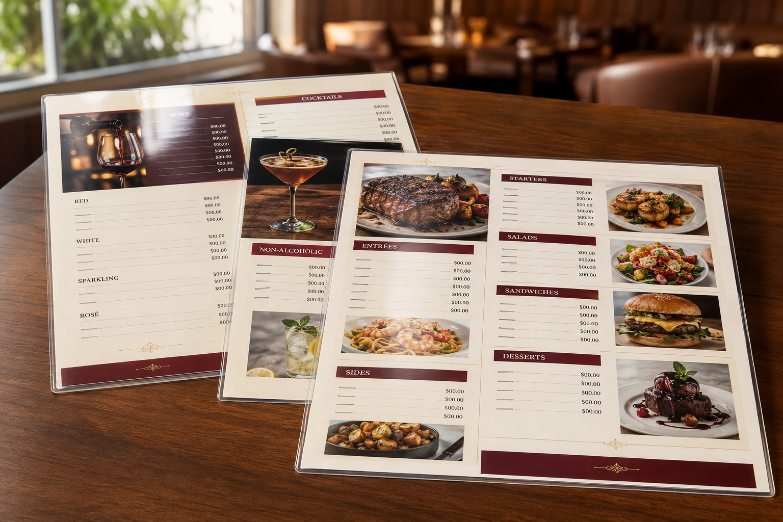 Laminated restaurant menus printed by BMD Printing
