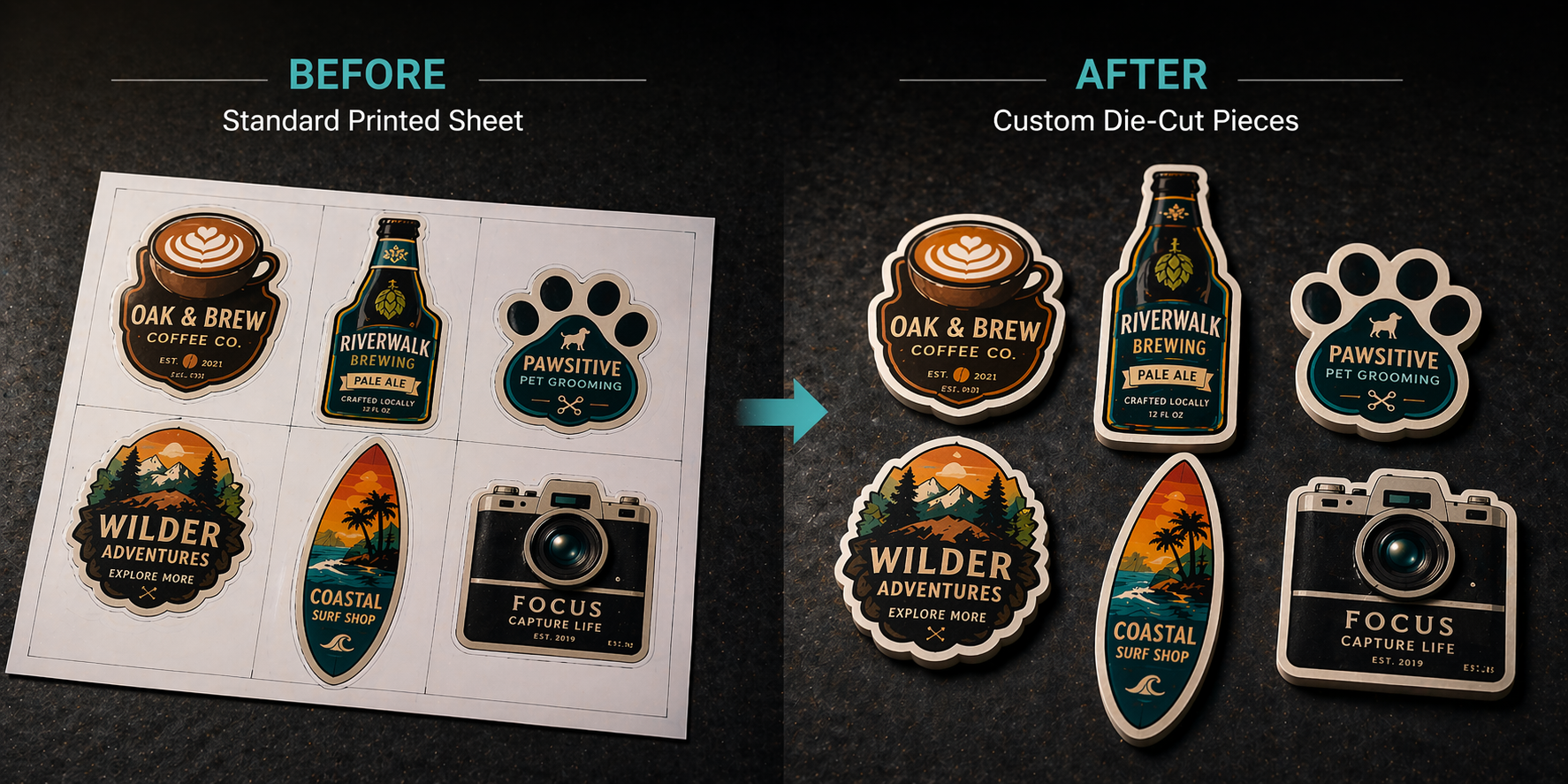 Before and after digital die cutting comparison showing a standard printed sheet and finished custom die-cut pieces