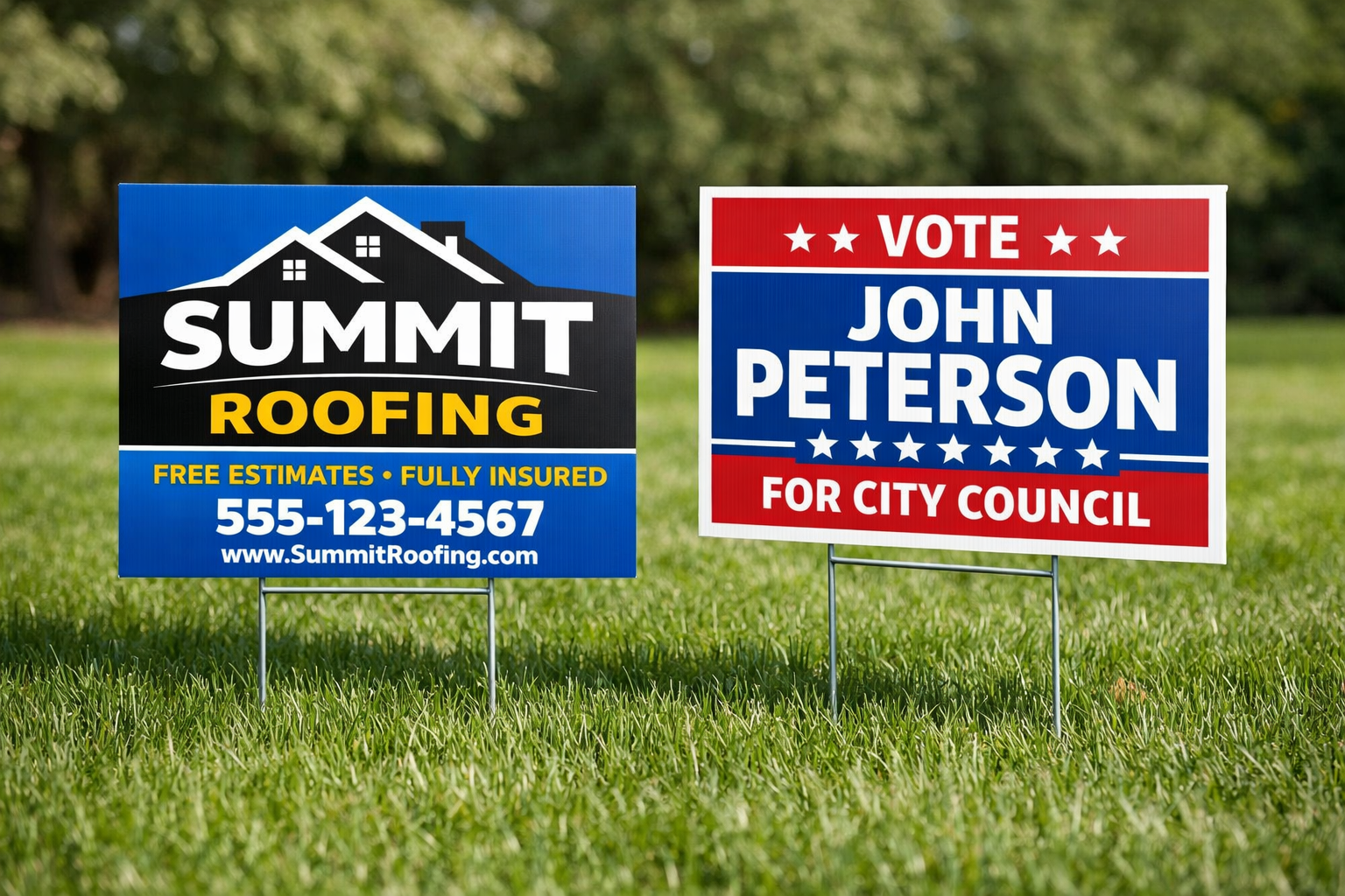 Yard signs for roofing and politics.png image