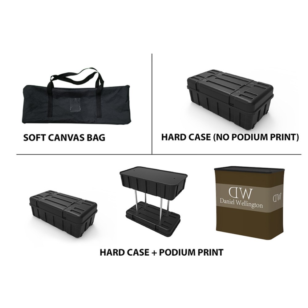 Soft canvas bag, hard case, and hard case with printed podium wrap