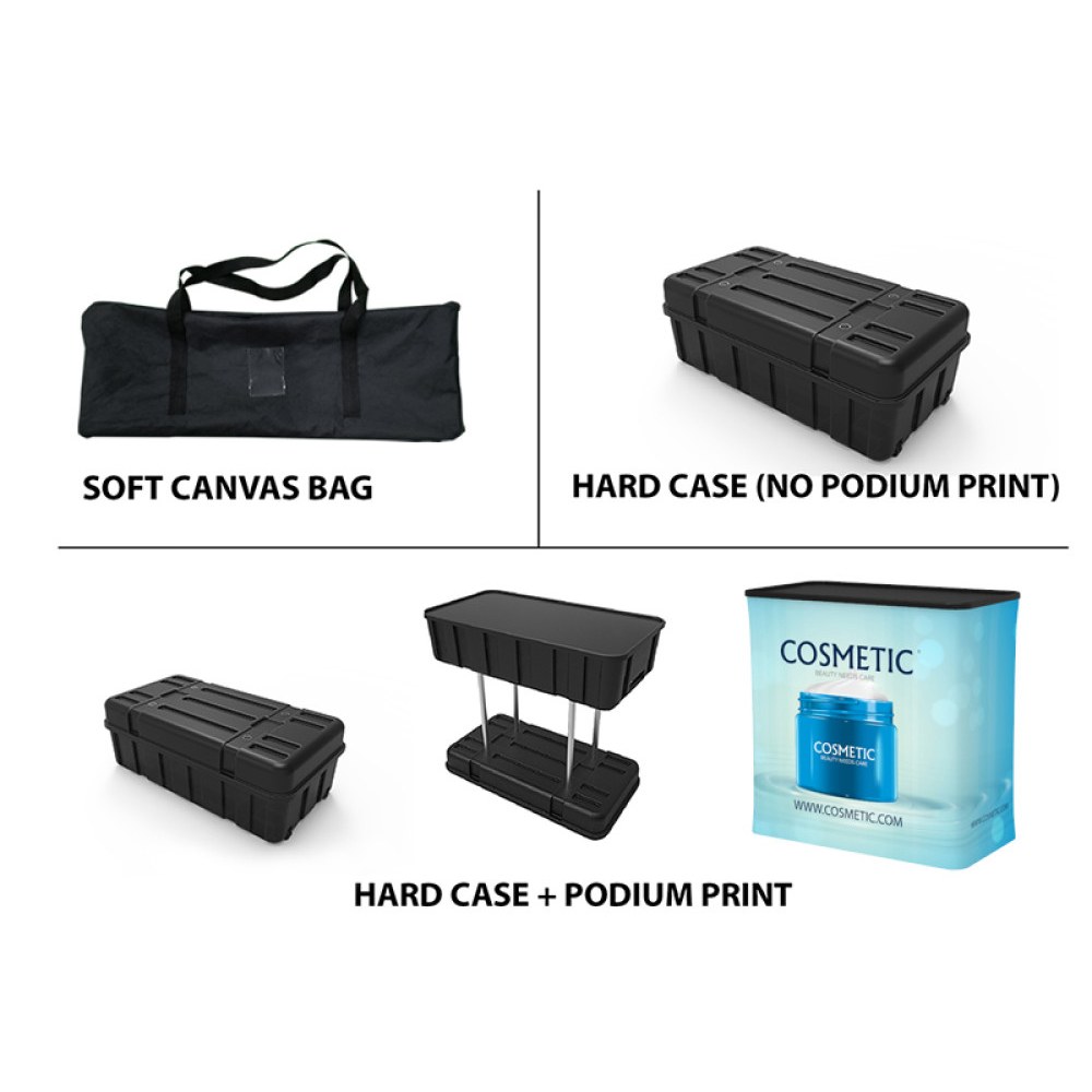 Soft canvas bag, hard case, and hard case with printed podium wrap
