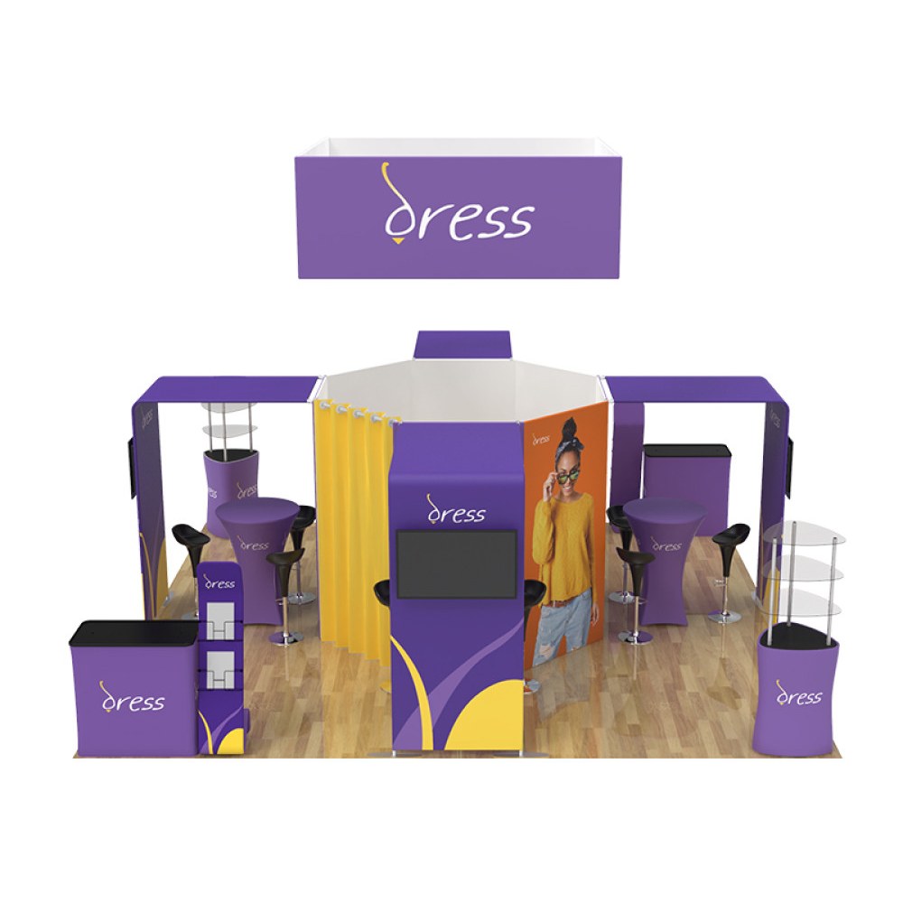 20x20 island booth kit with hanging sign and private meeting room