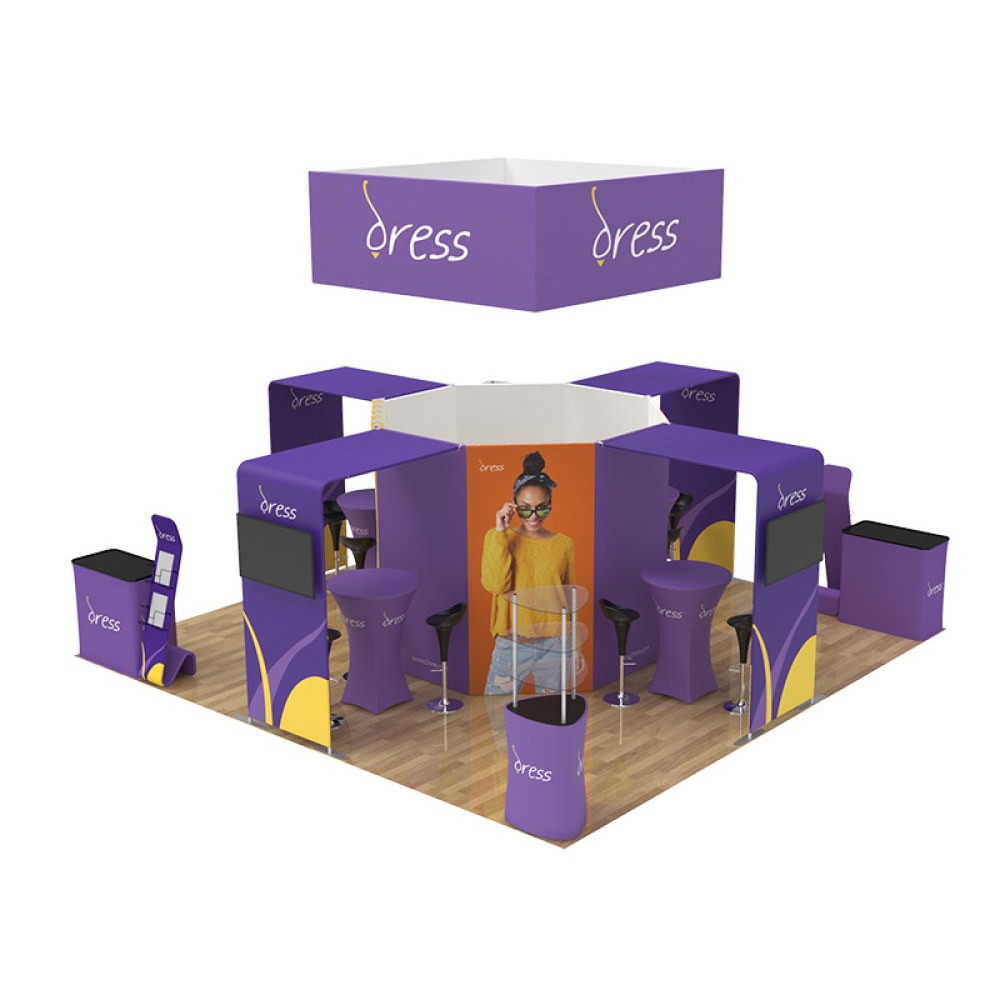 20x20 island booth kit, angled view
