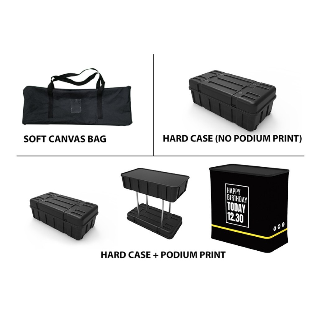 Soft canvas bag, hard case, and hard case with printed podium wrap