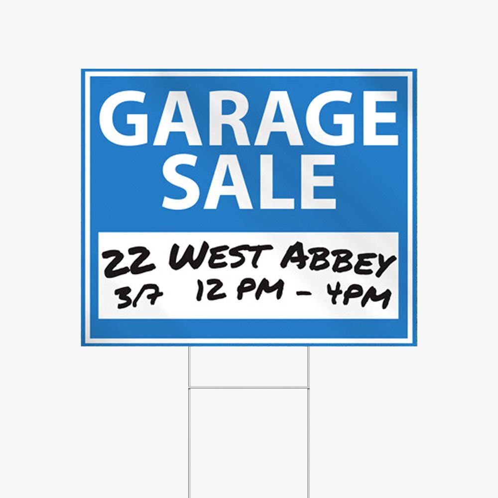 Coroplast garage sale yard sign on a wire H-stake