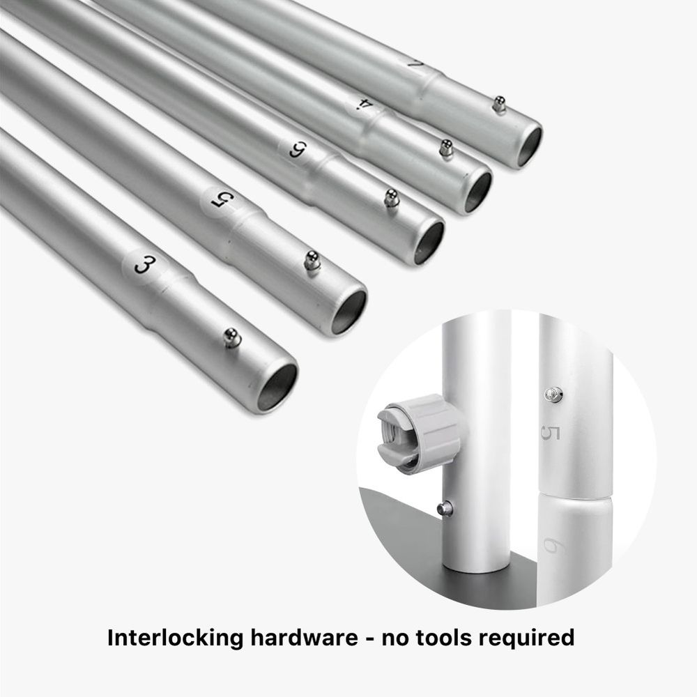 Interlocking aluminum poles, no tools required