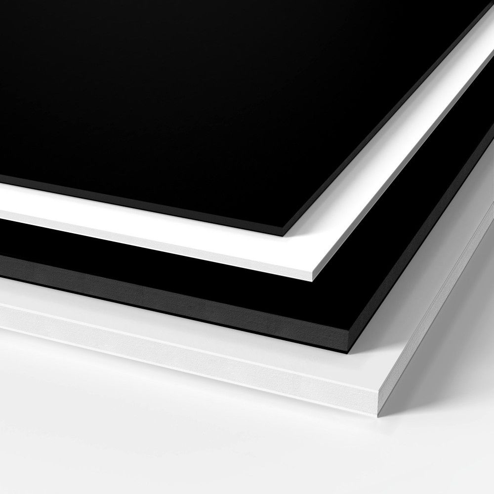 Black and white Gatorboard sheets showing thickness
