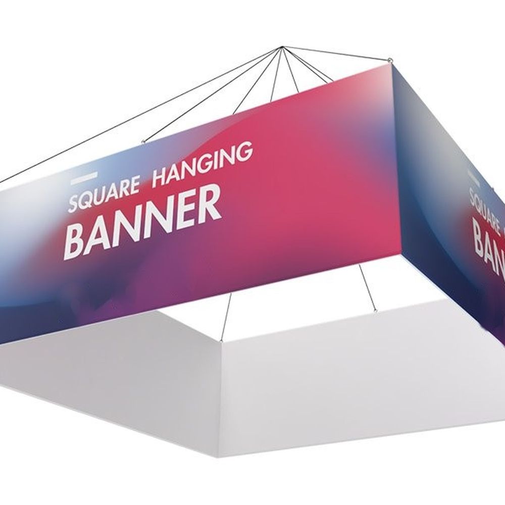 Square hanging fabric banner suspended by cables