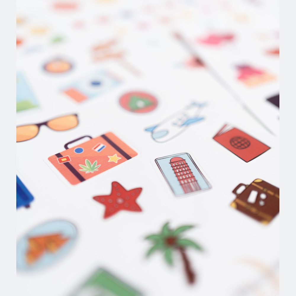 Kiss-cut sticker sheet with travel icon stickers