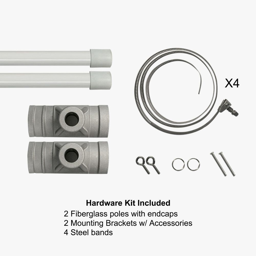 Pole banner hardware kit: fiberglass rods with end caps, mounting brackets and steel bands
