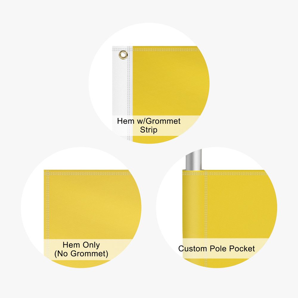 Flag finishing options: hem with grommet strip, hem only, custom pole pocket