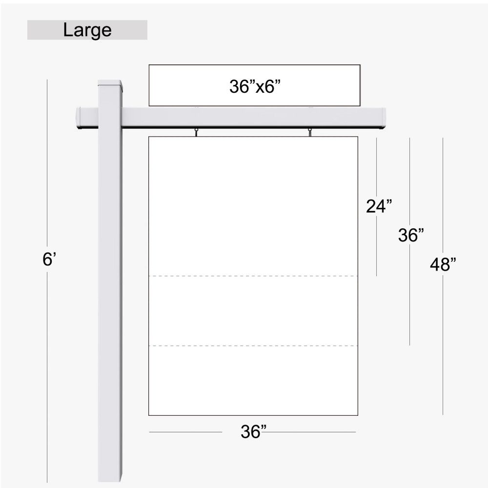 Large real estate post: 36-inch-wide sign with a 36x6 rider, sizes shown