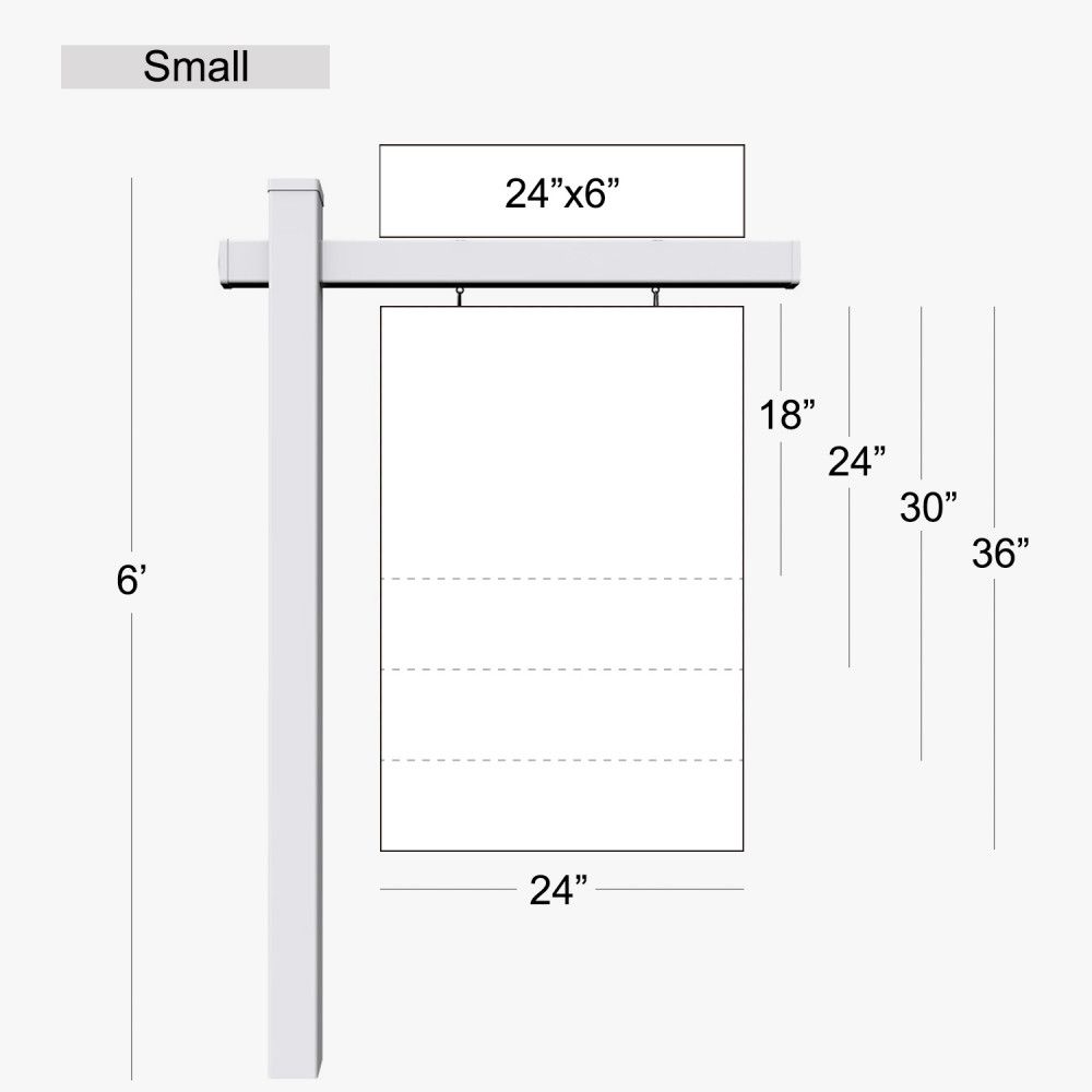 Small real estate post: 24-inch-wide sign with a 24x6 rider, sizes shown