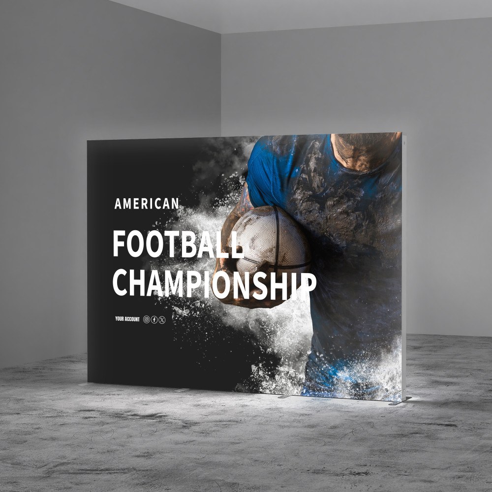 10 ft backlit fabric display glowing in a dark room