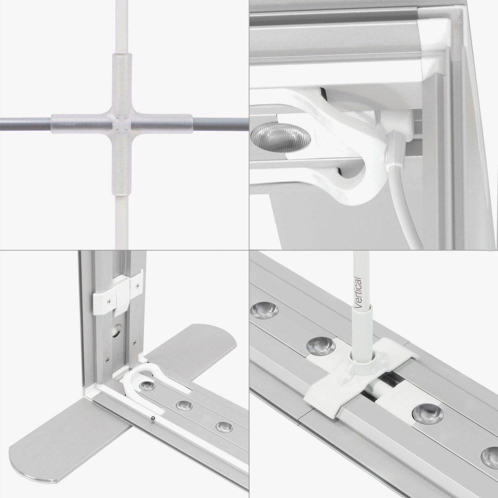 Slim aluminum frame profile and feet close-up
