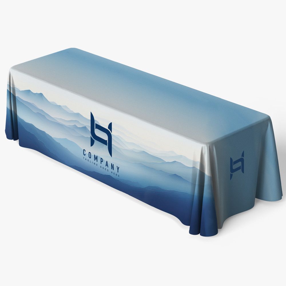 Full color table throw with logo and scenic print