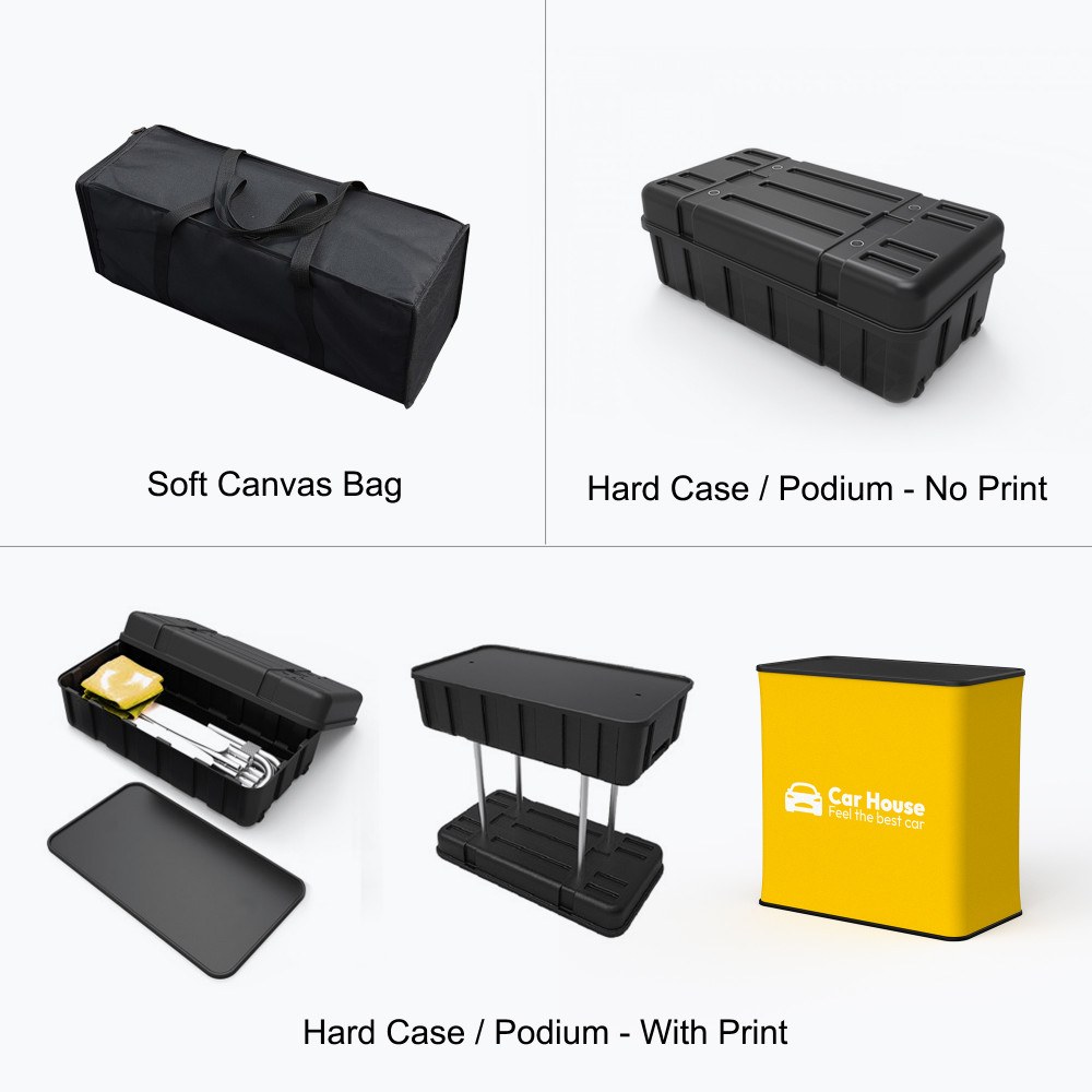 Soft canvas bag, hard case, and hard case with printed podium wrap