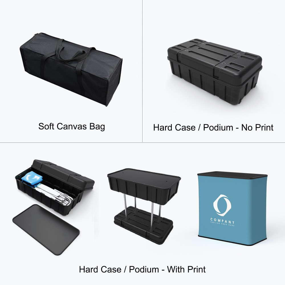Soft canvas bag, hard case, and hard case with printed podium wrap