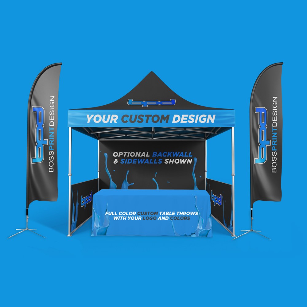 10x10 tent package with two feather flags and a table throw (optional walls shown)