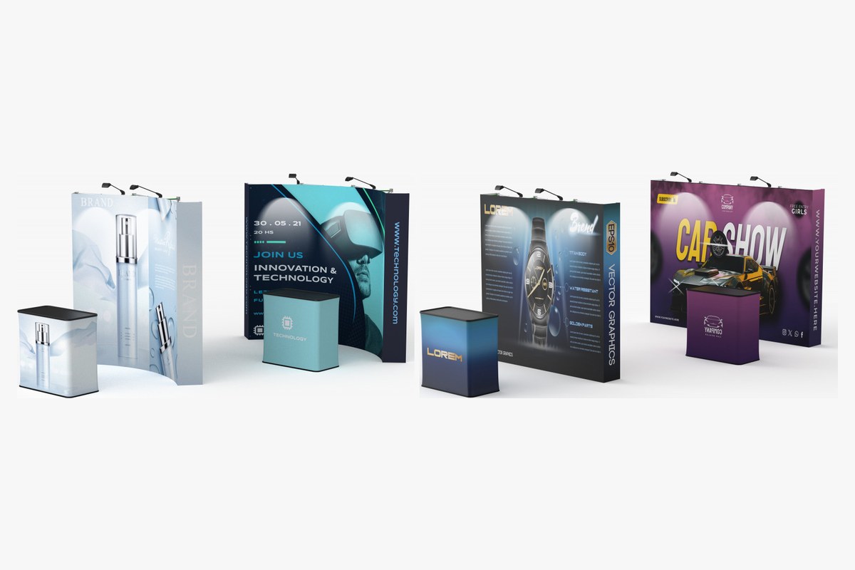 Curved and straight fabric pop up displays with podiums