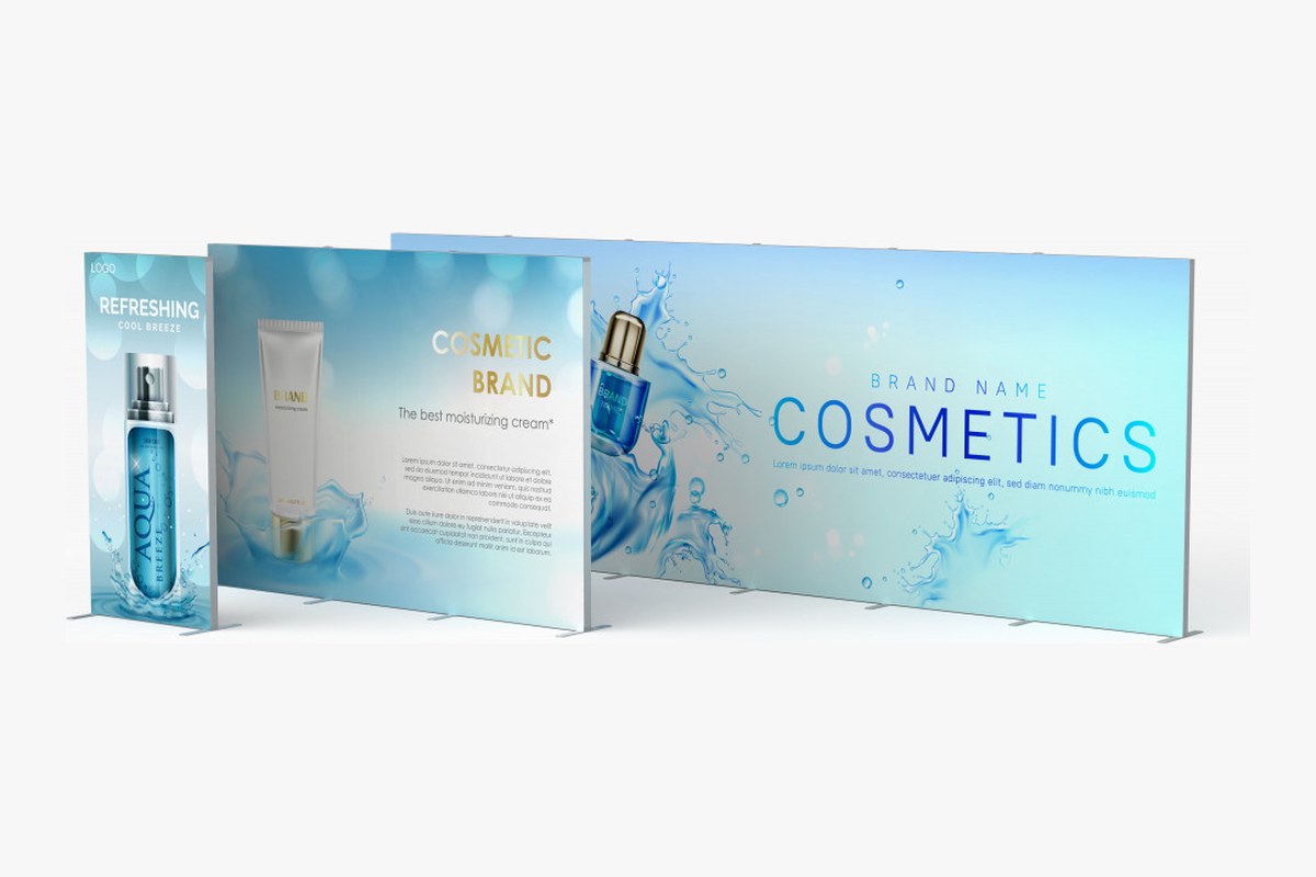 3 ft, 10 ft and 20 ft non-lit SEG fabric displays side by side
