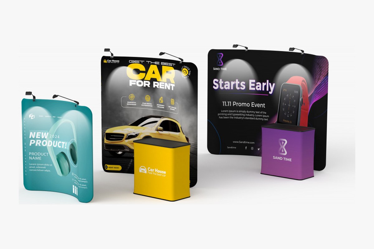6, 8 and 10 ft curved tension fabric displays with podiums