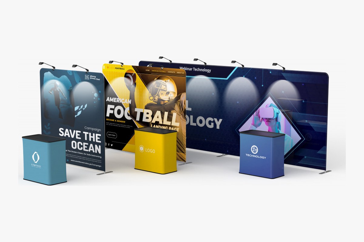 8, 10 and 20 ft straight tension fabric displays with podiums