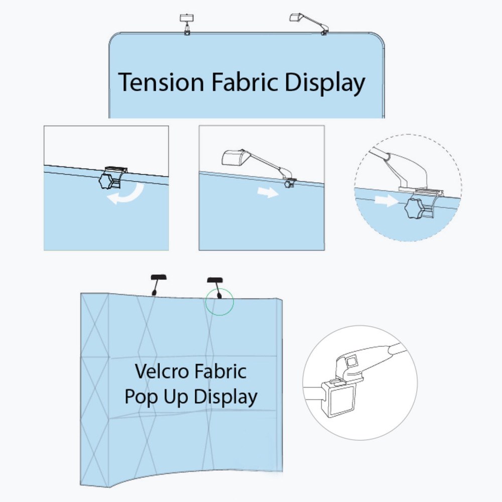LED light mounting on tension and pop up displays