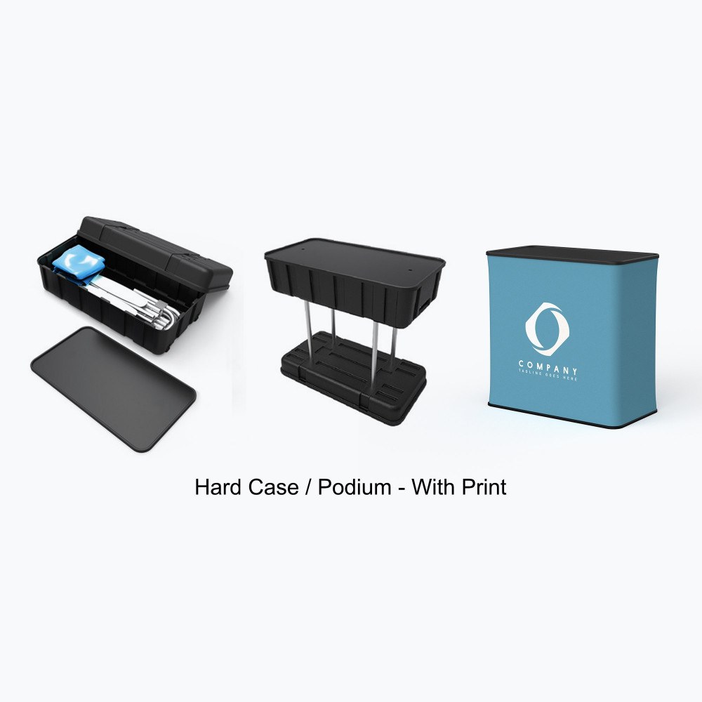 Hard case converts to a podium with a printed wrap