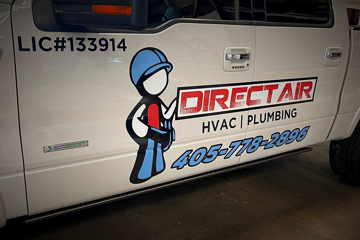 Direct Air HVAC graphics on a white pickup