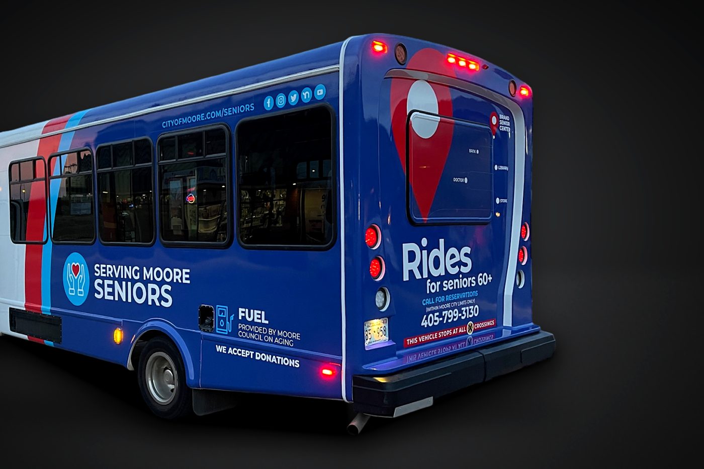 Serving Moore Seniors full wrap on a City of Moore shuttle bus offering rides for seniors 60+