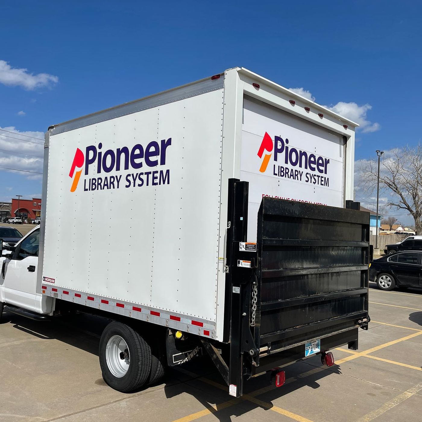 Pioneer Library System graphics on a box truck