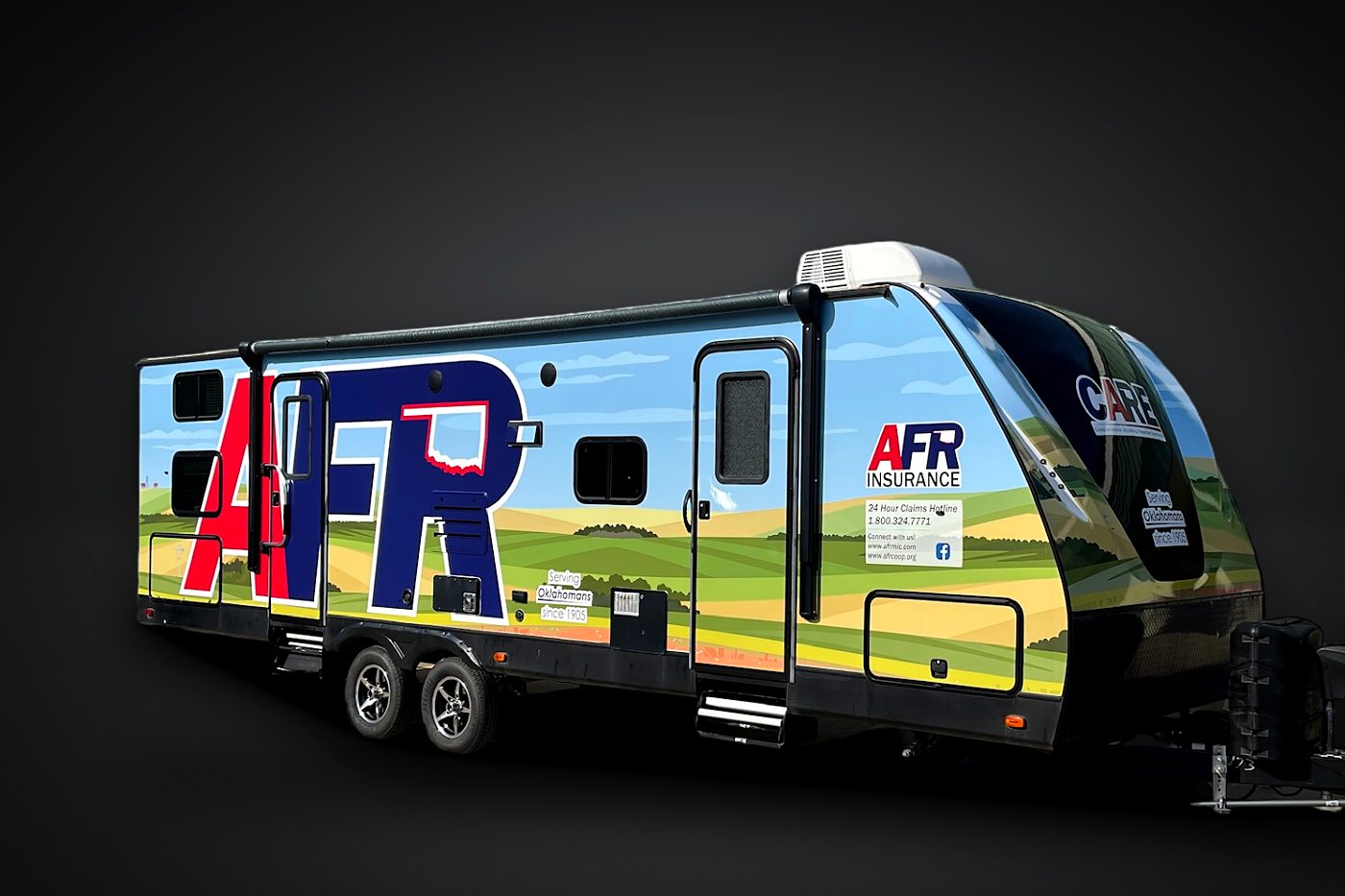 AFR Insurance full wrap on a travel trailer, front 3/4 view