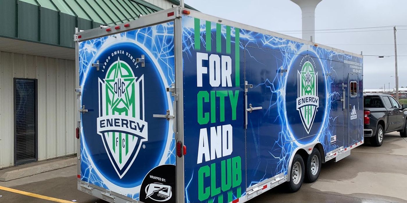 OKC Energy FC wrap on an enclosed cargo trailer