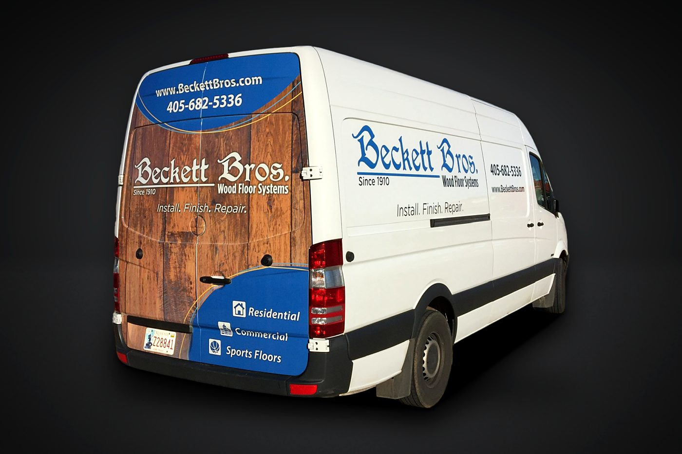 Beckett Bros partial wrap on a white Sprinter van