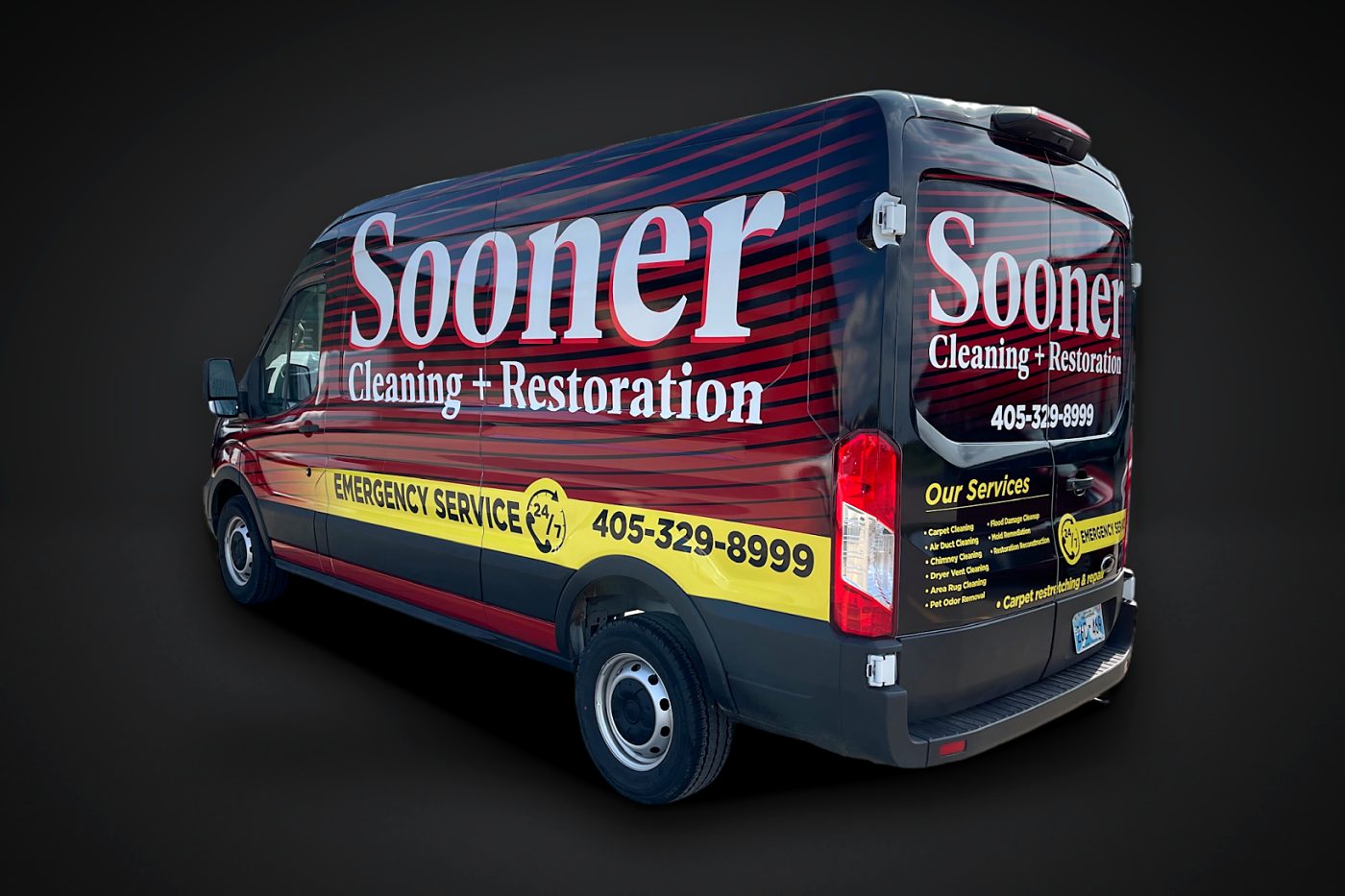 Sooner Cleaning + Restoration full wrap on a Ford Transit van, rear 3/4 view with services listed on the rear doors