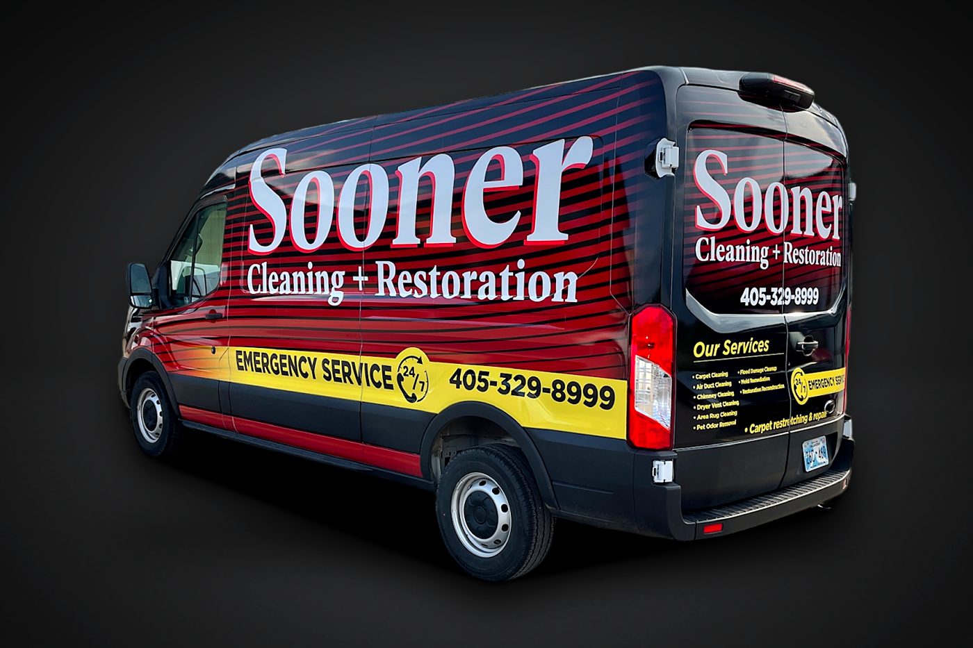 Sooner Cleaning + Restoration Ford Transit van wrap with 24/7 emergency service graphics