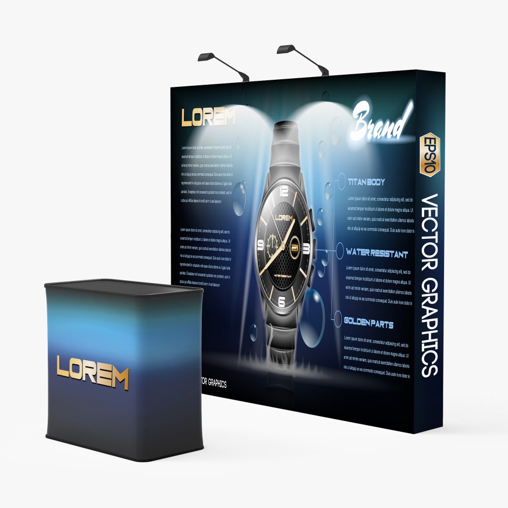 Straight pop up display with LED lights and podium