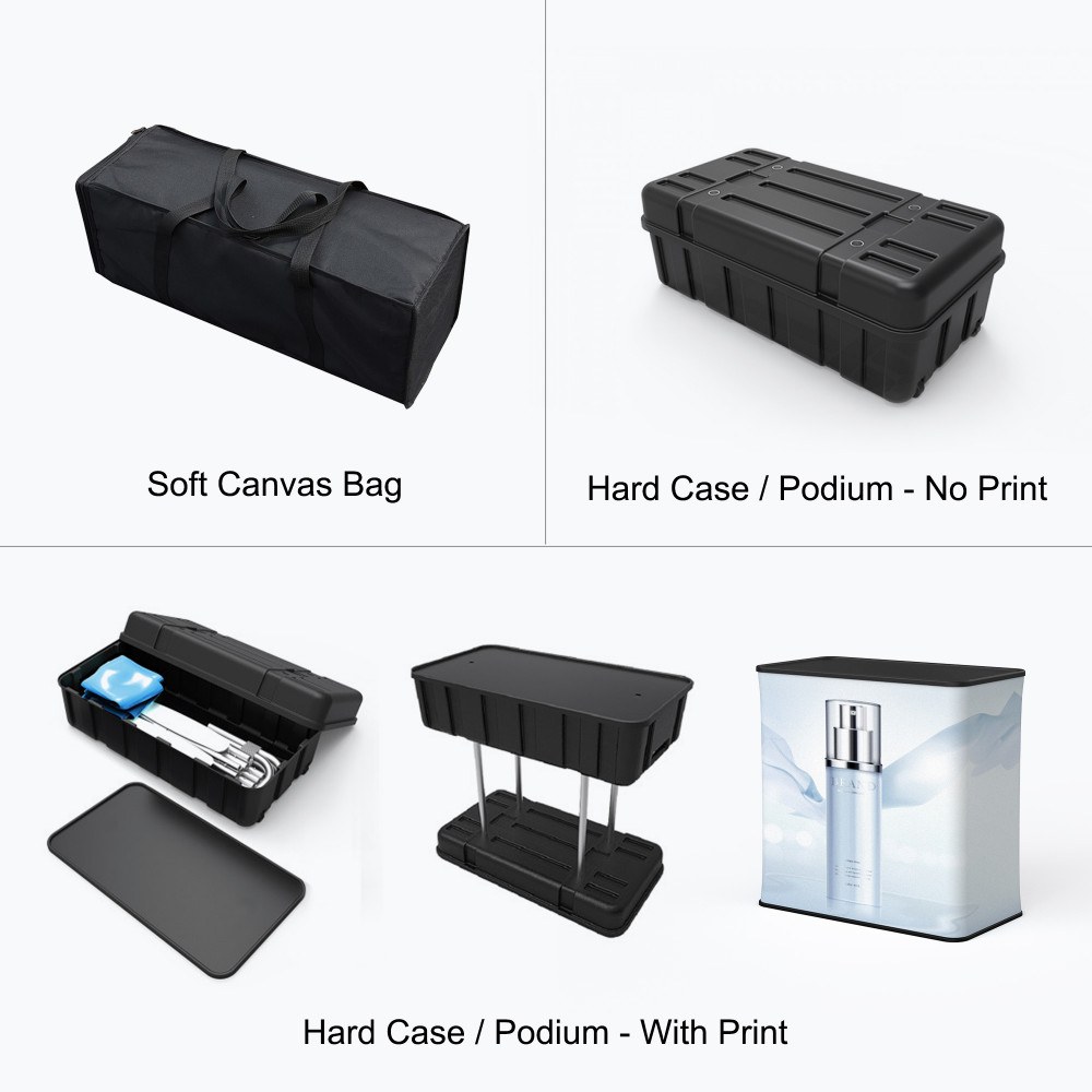 Soft canvas bag, hard case, and printed podium options