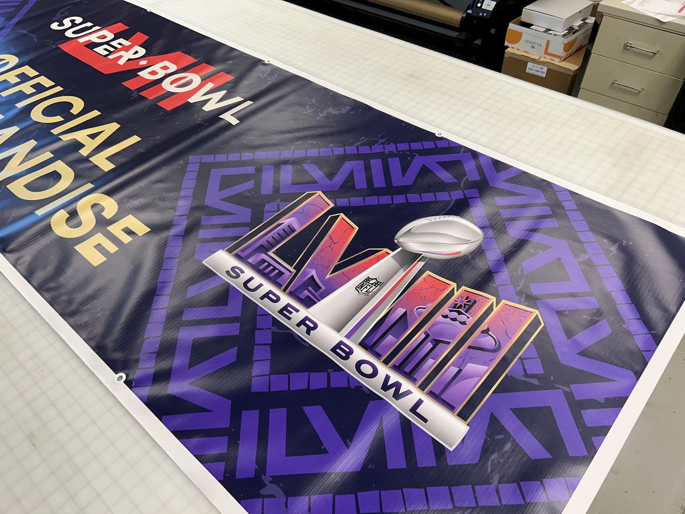 Custom Super Bowl event banner in production