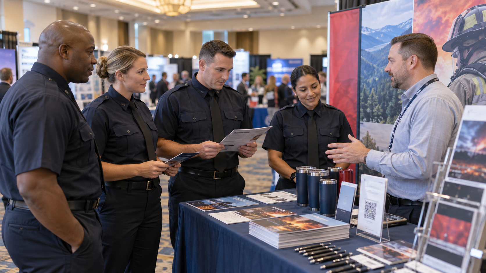 Fire-service leaders reviewing printed conference materials at a vendor booth