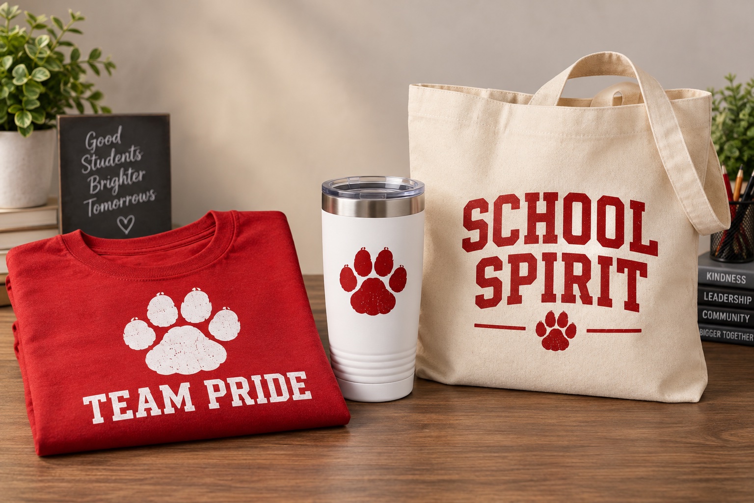 Illustrative school fundraiser merchandise mockup with a team shirt, tumbler and tote bag