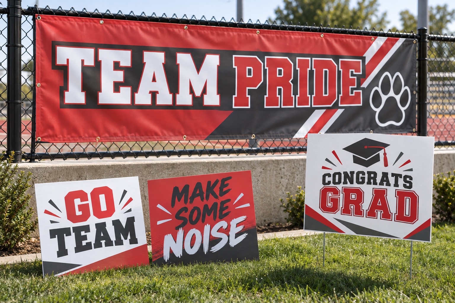 Illustrative mockup of a school sports banner, game-day cheer signs and a graduation yard sign