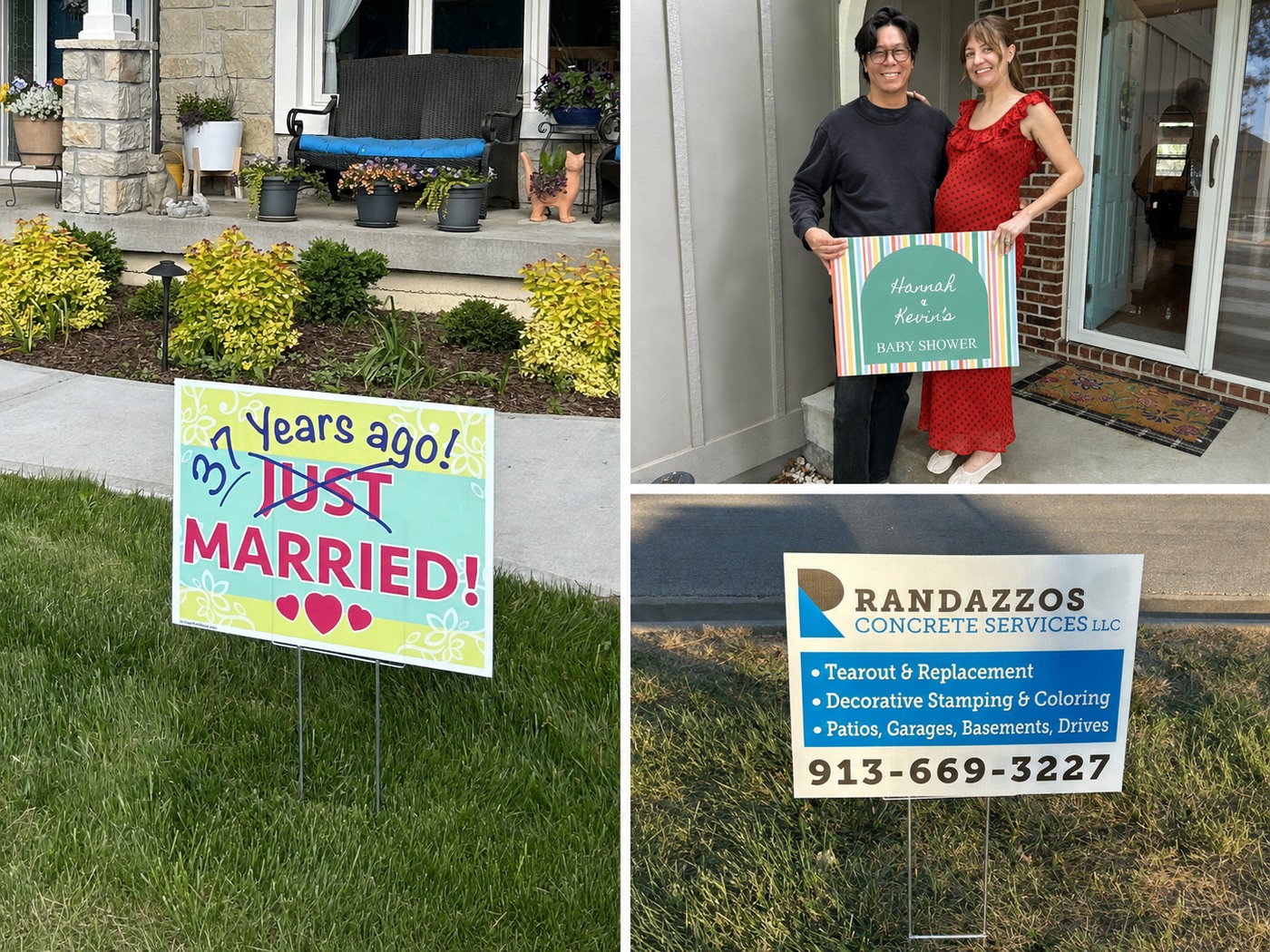 Collage of wedding, baby shower and business yard signs