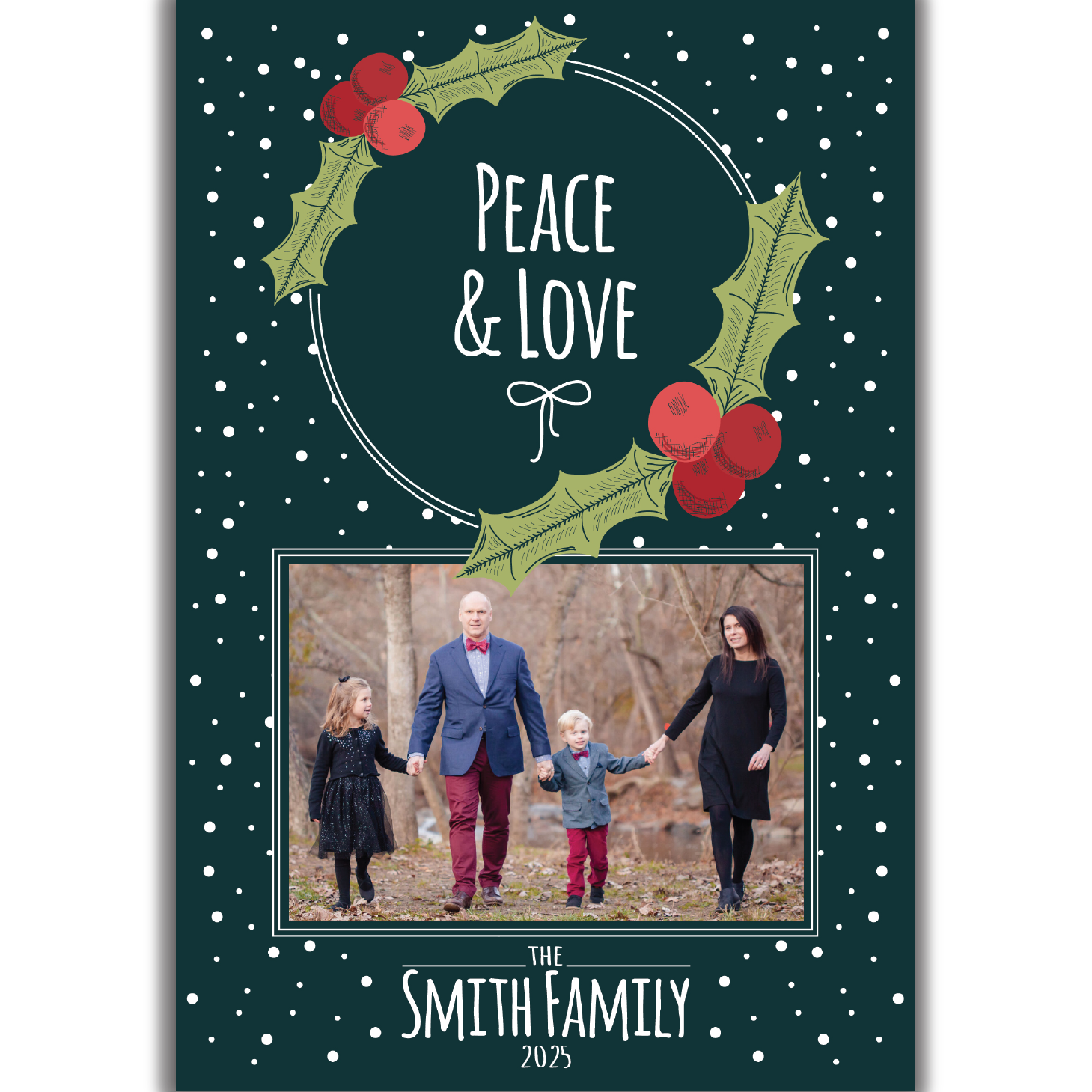 Christmas card with family photo on dark green background