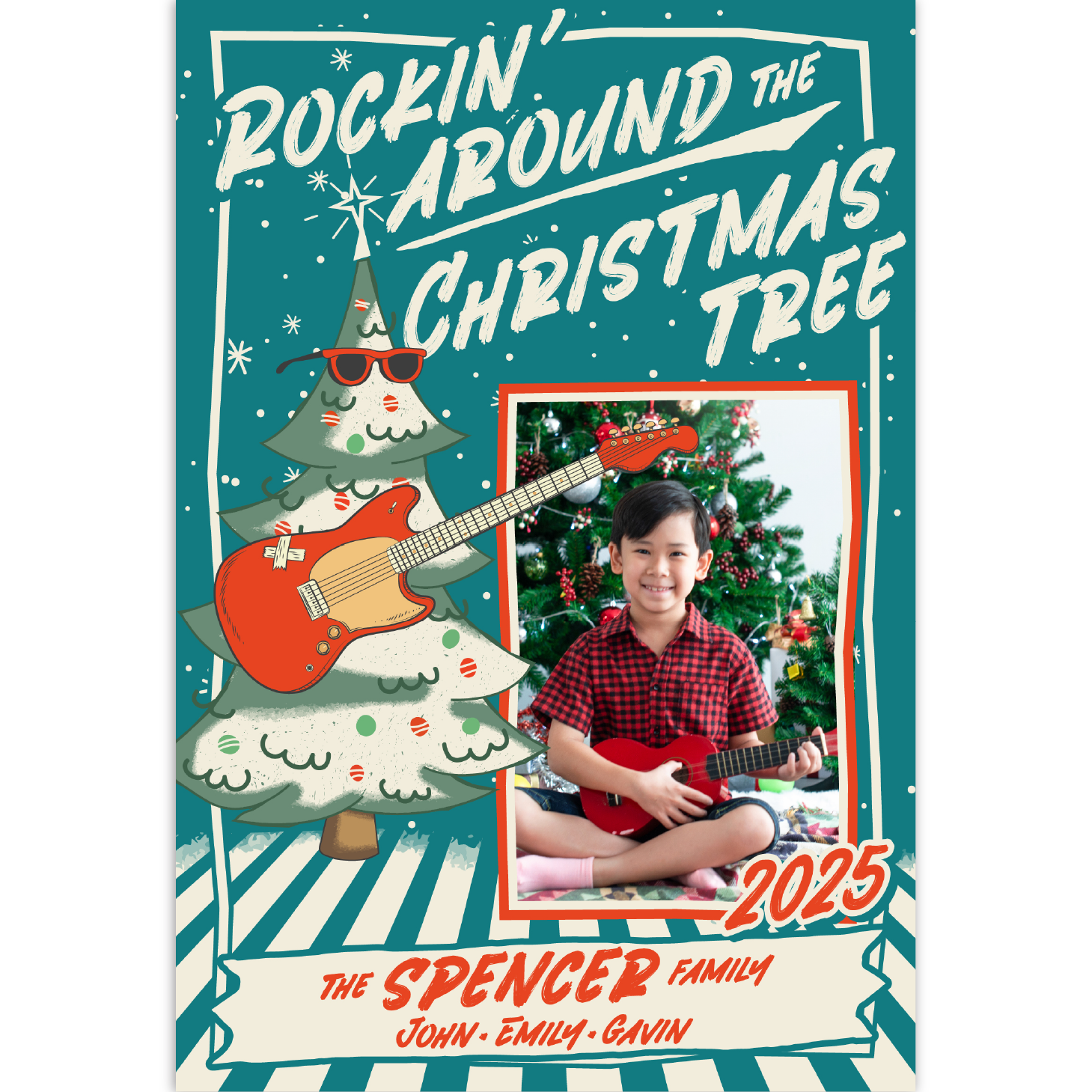Christmas card with cartoon tree and photo of smiling boy with guitar
