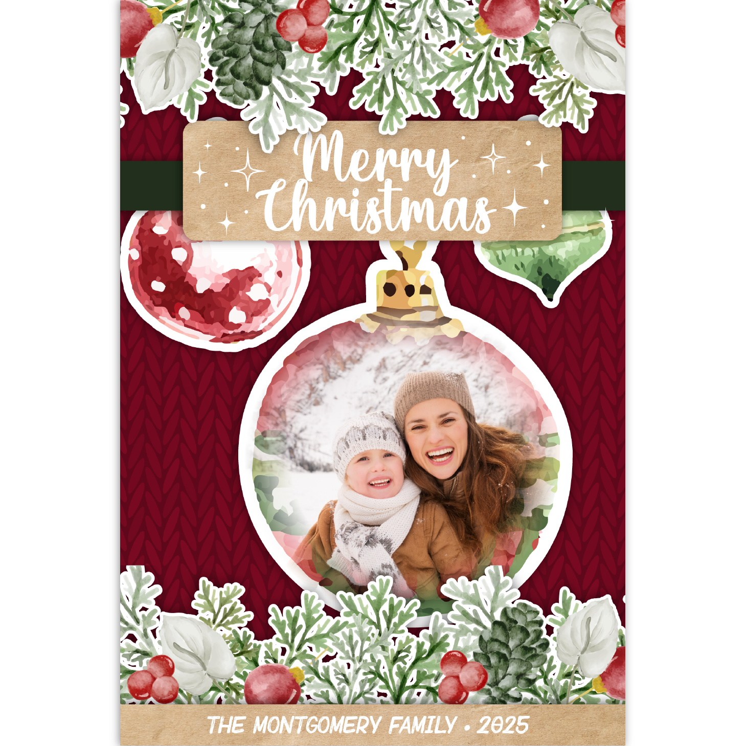 Christmas card with knit background and winter plant illustrations